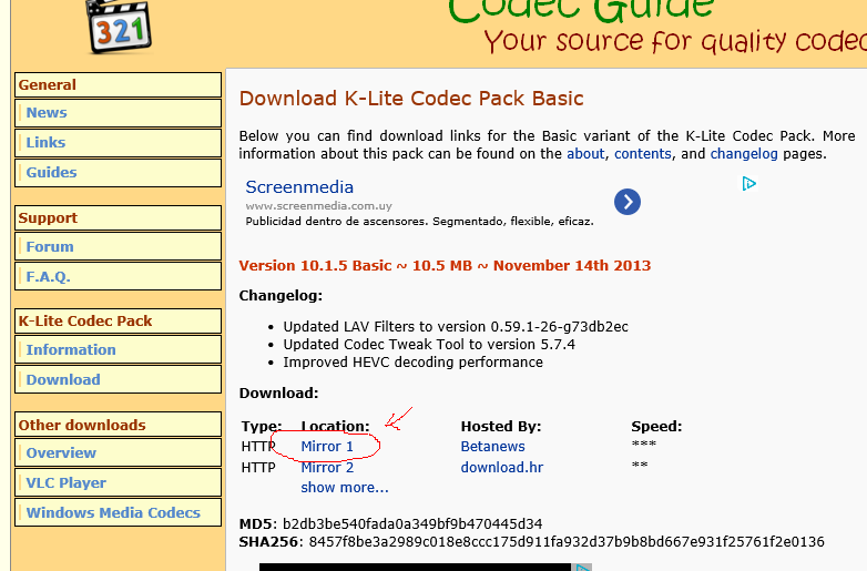 Enlaces para la descarga de K-Lite Codec Pack