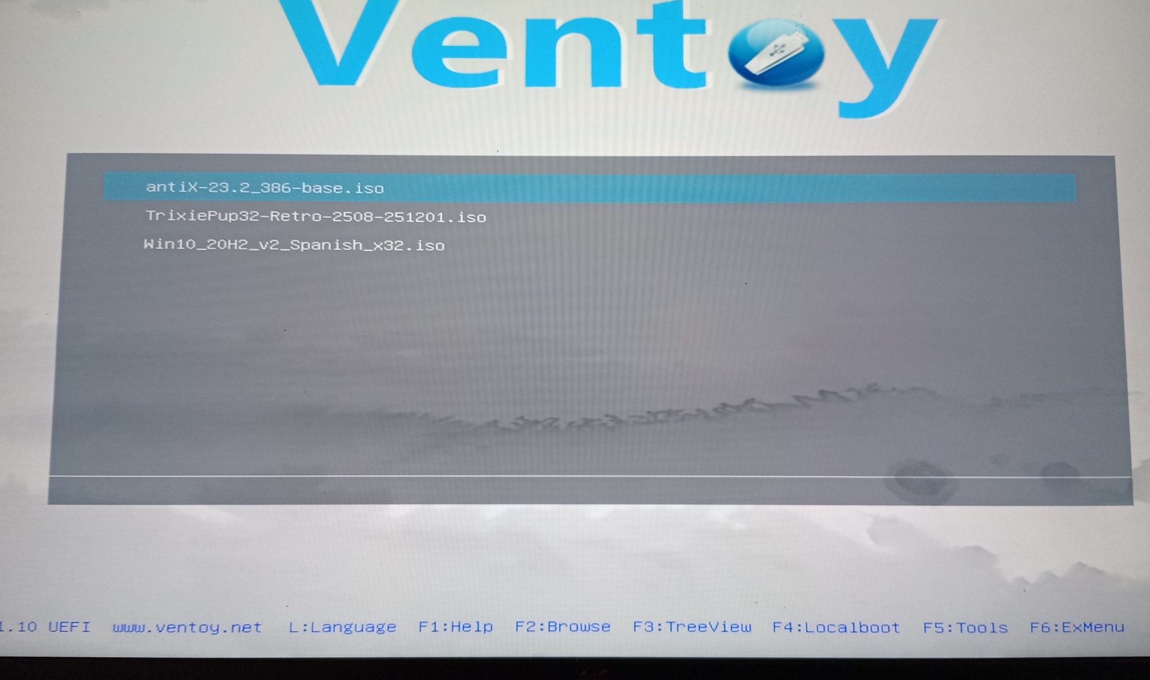 Pantalla inicial de Ventoy