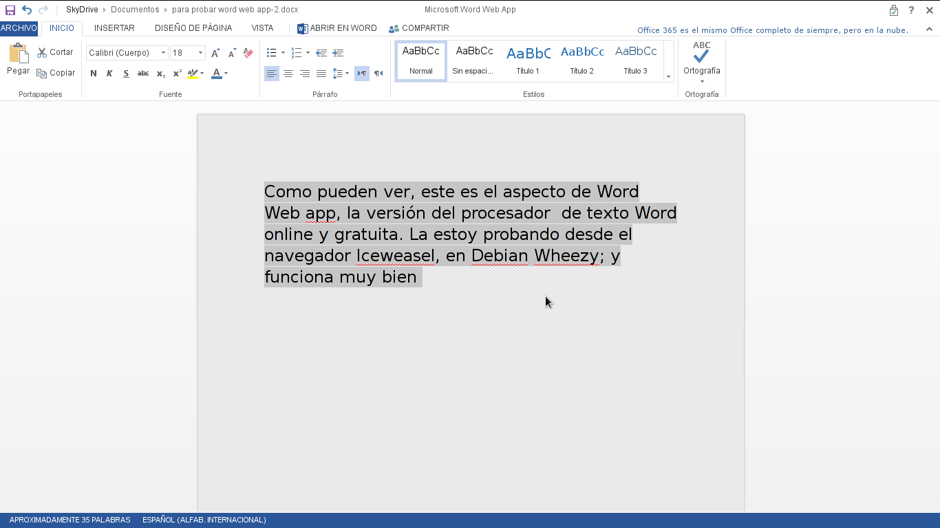Procesador de texto Word corriendo en el navegador Iceweasel a pantalla completa