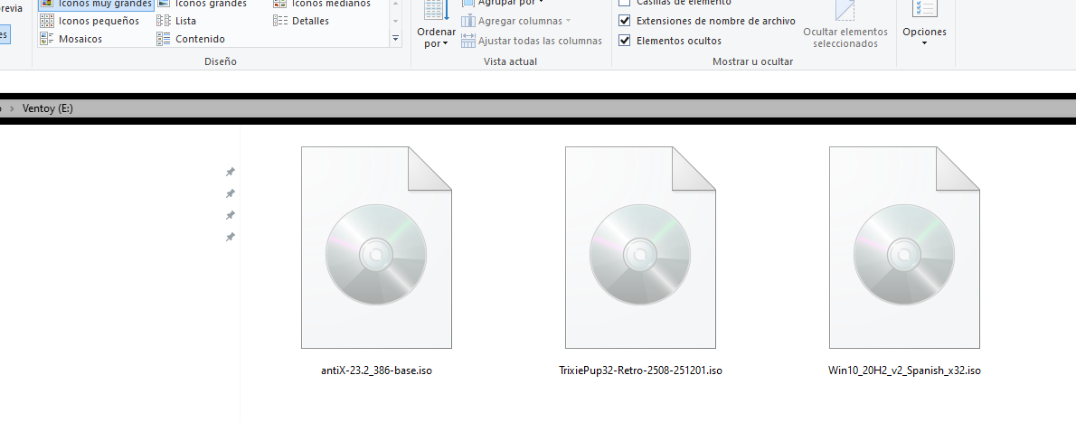 Ventoy con los distintos archivos de imagen