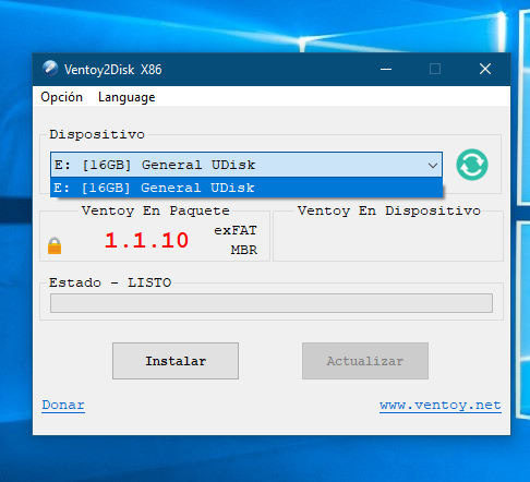 Seleccionando el medio en el que vamos a instalar Ventoy