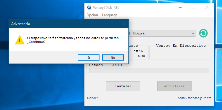 Advertencia: el medio de instalación será formateado